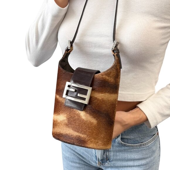 FENDI Vintage FF Pony Calf Hair Mamma Baguette Tote Hobo Mini Bag Brown [106218] - Picture 2 of 16